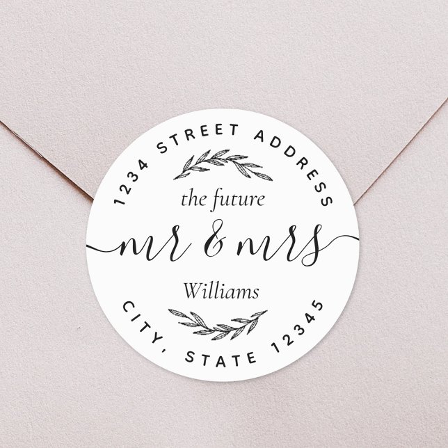 Modern Foliage Future Mr Mrs Wedding Address Classic Round Sticker (Creator Uploaded)