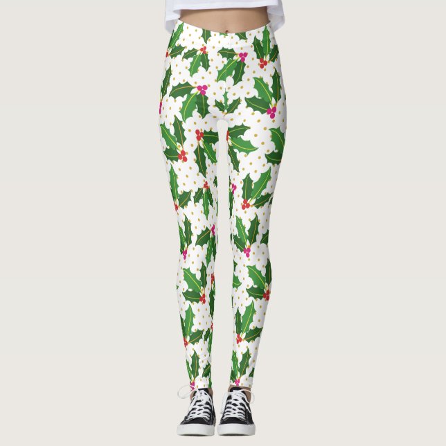 Modern Foliage Holly Gold Dots Christmas Holiday Leggings (Front)