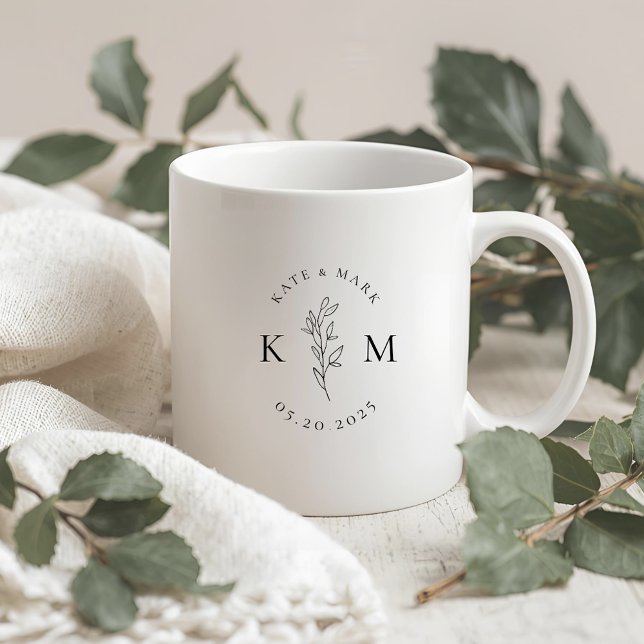 Modern Foliage Initials Wedding Engagement Gift Coffee Mug (Creator Uploaded)
