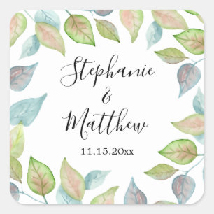 Modern Foliage Painted Watercolor Leaves Wedding Square Sticker