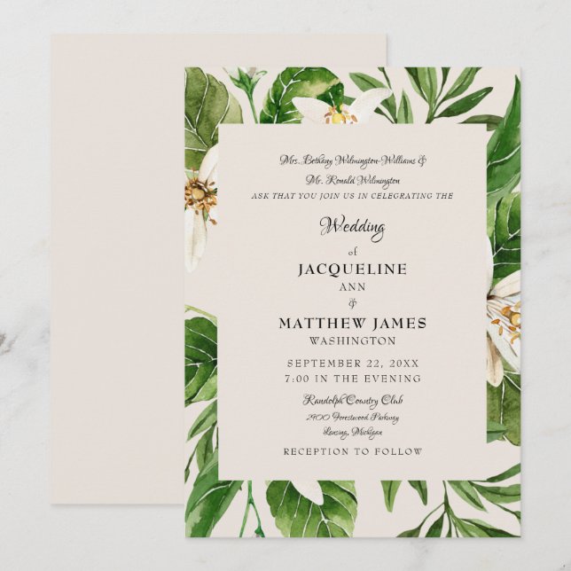 Modern Foliage Parents Cream Wedding Matte Invitation (Front/Back)