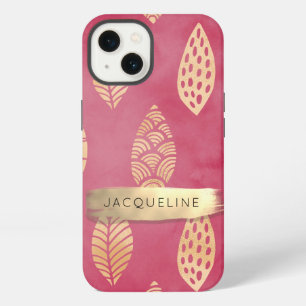Modern Foliage Pink n Gold Brush Stroke w Name iPhone 13 Case