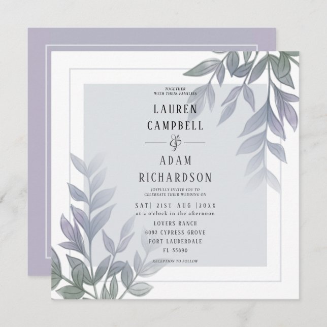 Modern Foliage Purple Lilac Wedding Invitation (Front/Back)