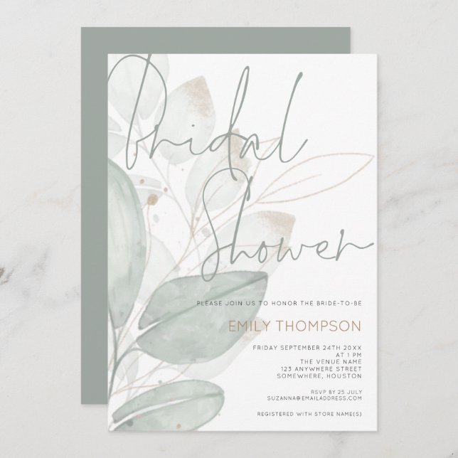 Modern Foliage Sage Gold Script Bridal Shower Invitation (Front/Back)
