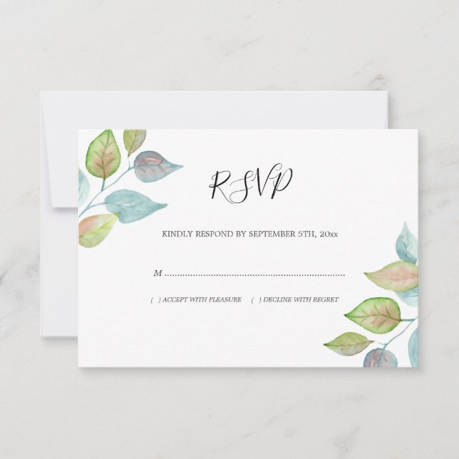 Modern Foliage Watercolor Colourful Leaves Wedding RSVP Card (Front)