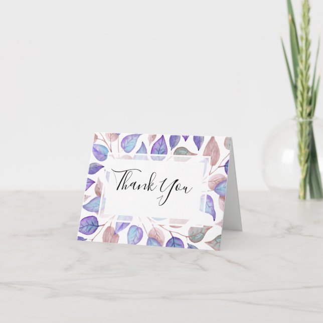 Modern Foliage Watercolor Purple Leaves Wedding Thank You Card (Front)