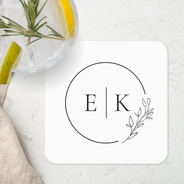 Modern Foliage Wedding Monogram Square Paper Coaster (Creator Uploaded)