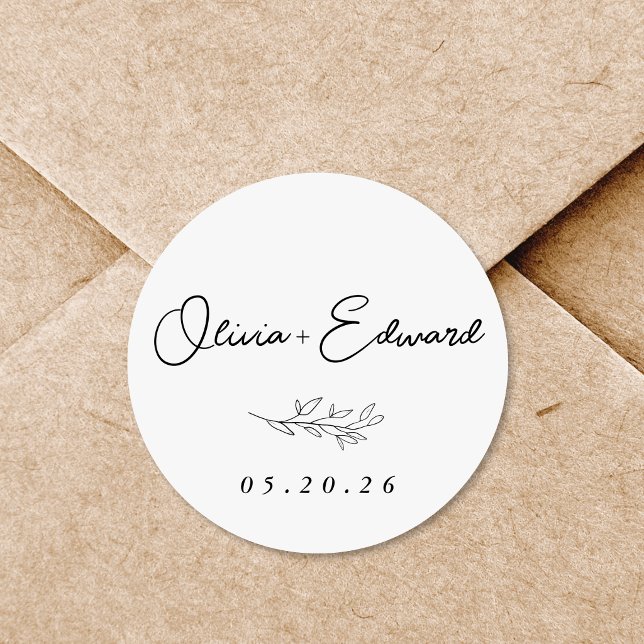 Modern Foliage Wedding Name Classic Round Sticker (Creator Uploaded)