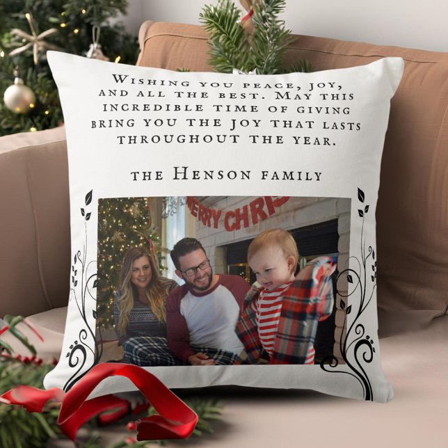 Modern Foliage Wishes Family Photo Christmas Cushion (Creator Uploaded)