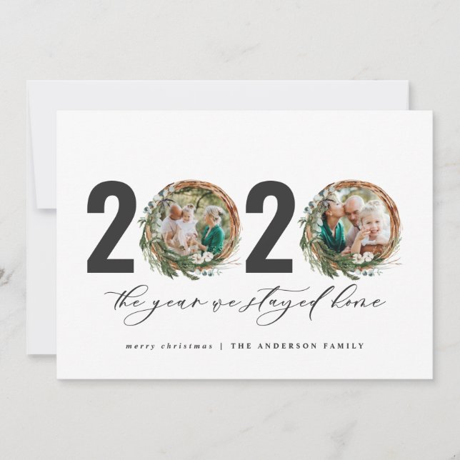 Modern foliage wreath 2020 stayed home holiday card (Front)