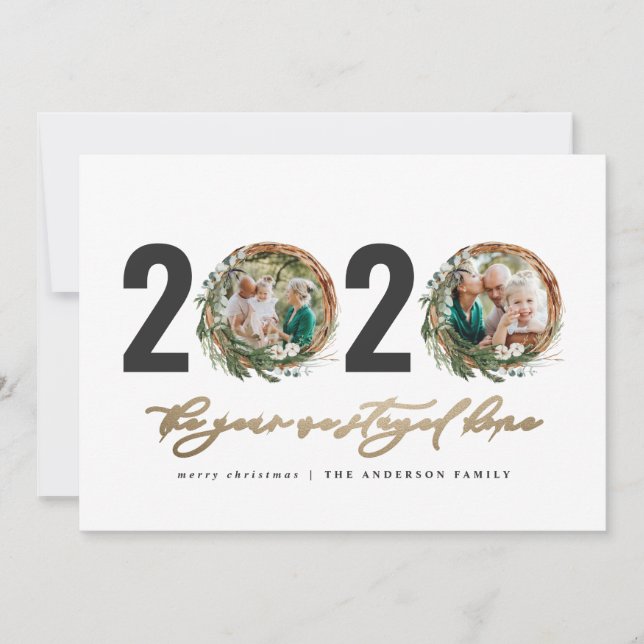 Modern foliage wreath 2020 stayed home holiday card (Front)