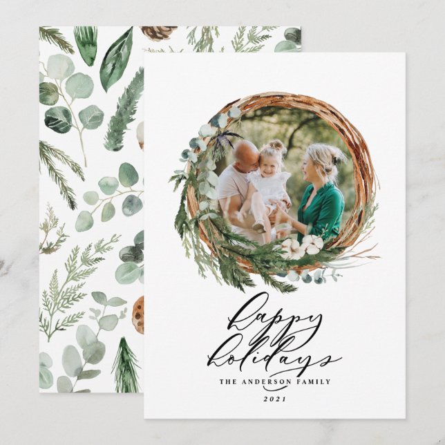 Modern foliage wreath elegant photo chic holiday card (Front/Back)
