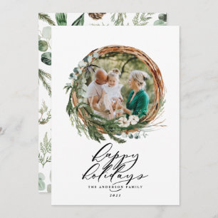 Modern foliage wreath elegant photo chic holiday card