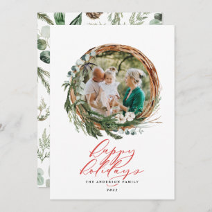 Modern foliage wreath elegant photo red script holiday card