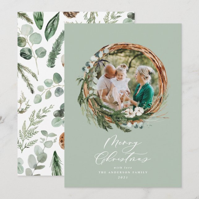 Modern foliage wreath merry christmas script chic holiday card (Front/Back)