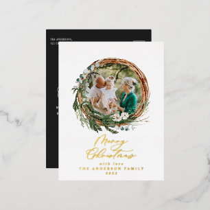 Modern foliage wreath merry christmas script foil foil holiday postcard