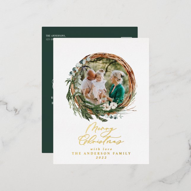 Modern foliage wreath merry christmas script  foil foil holiday postcard (Front/Back)