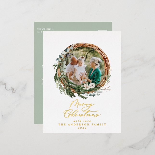 Modern foliage wreath merry christmas script  foil foil holiday postcard (Front/Back)