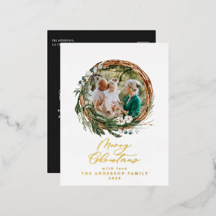 Modern foliage wreath merry christmas script  foil holiday postcard