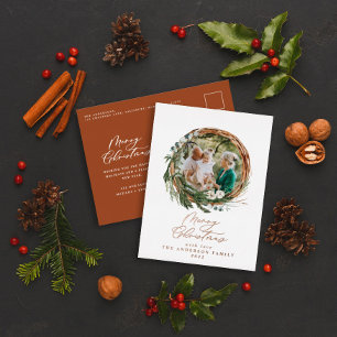 Modern foliage wreath merry christmas script  foil holiday postcard