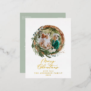 Modern foliage wreath merry christmas script  foil holiday postcard