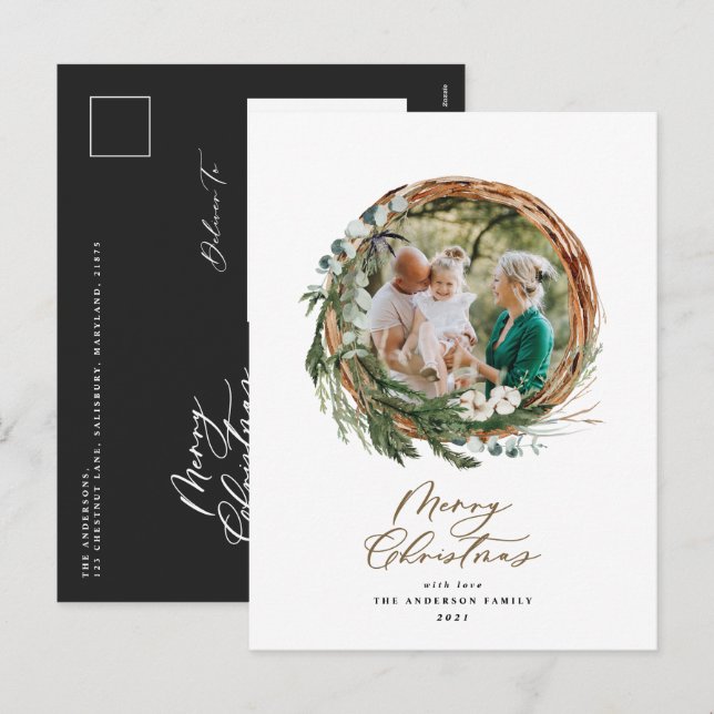 Modern foliage wreath merry christmas script  holi holiday postcard (Front/Back)