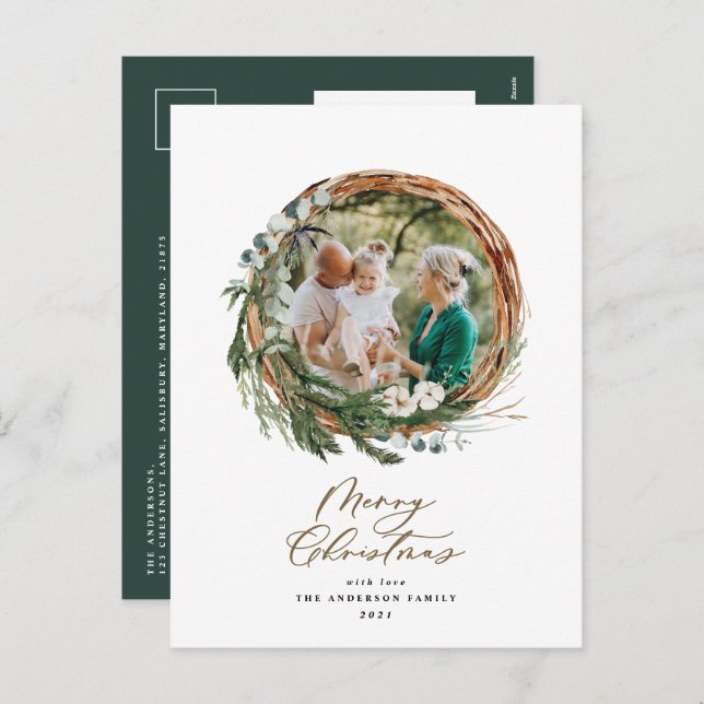 Modern foliage wreath merry christmas script  holi holiday postcard (Front/Back)