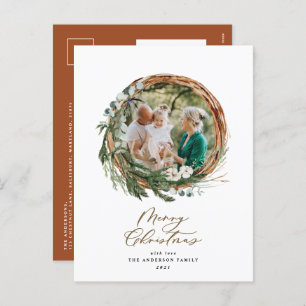 Modern foliage wreath merry christmas script holiday postcard