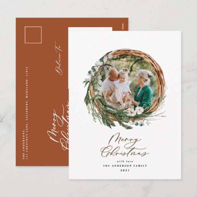Modern foliage wreath merry christmas script holiday postcard (Front/Back)