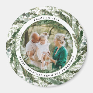 Modern foliage wreath peace script photo magnet