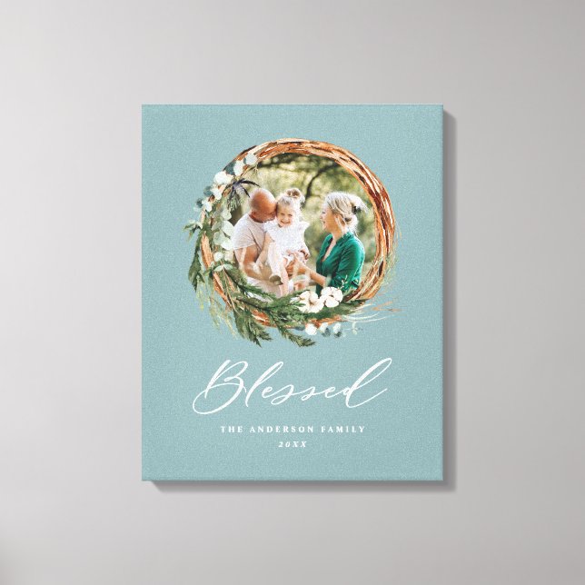 Modern foliage wreath stylish blessed script canvas print (Front)