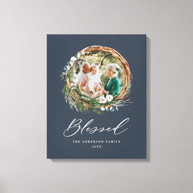 Modern foliage wreath stylish blessed script canvas print (Front)
