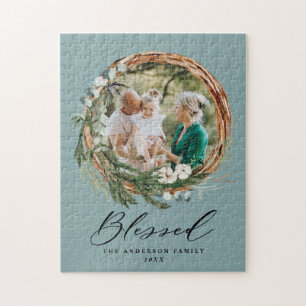 Modern foliage wreath stylish blessed script jigsaw puzzle