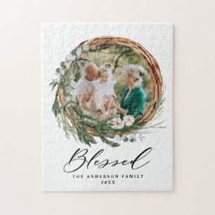 Modern foliage wreath stylish blessed script jigsaw puzzle