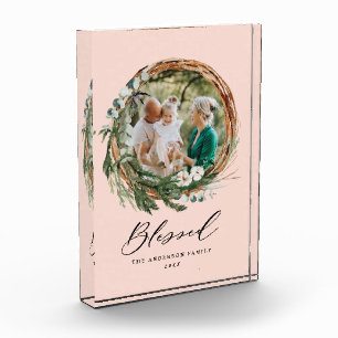 Modern foliage wreath stylish blessed script photo block