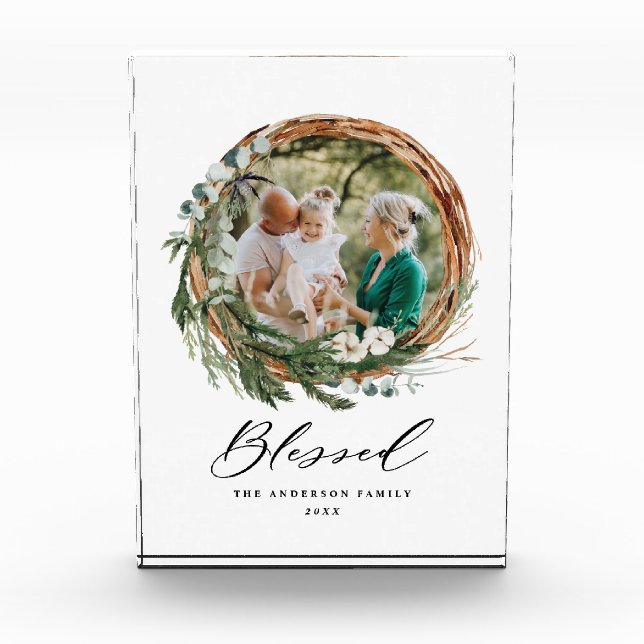 Modern foliage wreath stylish blessed script photo block (Front)