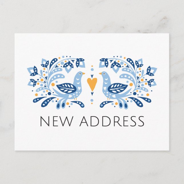 Modern folk art birds new address moving announcement postcard (Front)