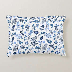 Modern Folk Art Botanical Floral Print Blue White Decorative Cushion
