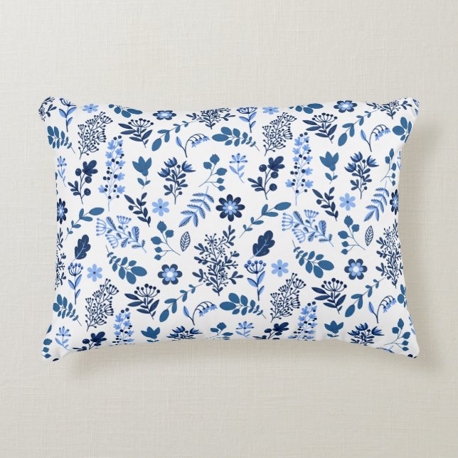 Modern Folk Art Botanical Floral Print Blue White Decorative Cushion (Front)