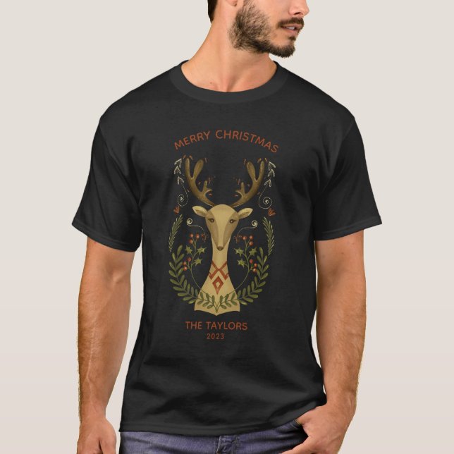 Modern Folk Art Christmas Reindeer Card T-Shirt (Front)