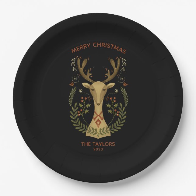 Modern Folk Art Christmas Reindeer Square Sticker  Paper Plate (Front)