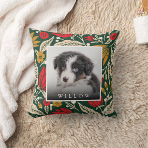 Modern Folk Art Floral Pet Photo Christmas Holiday Cushion