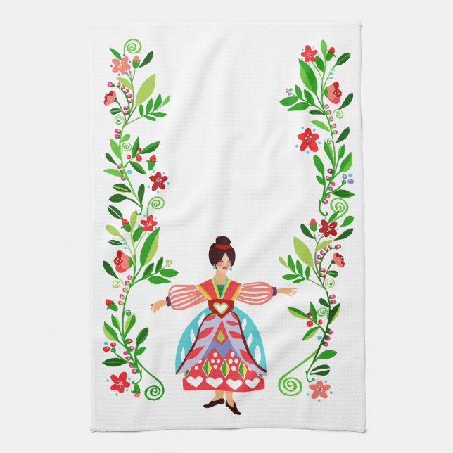 Modern Folk Art Style Flower Garden Girl Tea Towel (Vertical)