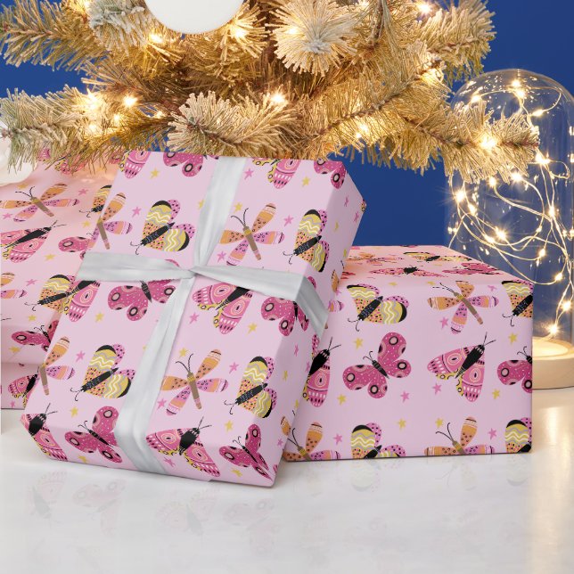 Modern Folk-Art Styled Butterflies Wrapping Paper (Holidays)