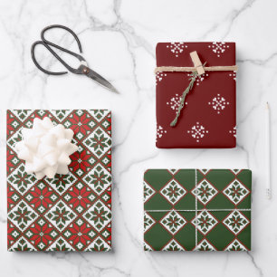 Modern Folk Art Wrapping Paper Flat Sheet Set of 3