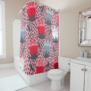 Modern Folk Flower Pink Grey White Country Shower Curtain