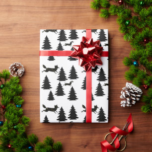 Modern Folktale Fox Rabbit Black Christmas Tree Wrapping Paper