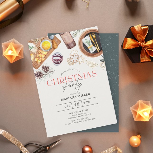 Modern Food Wine Christmas Green Holiday Party Invitation (Creator Uploaded)