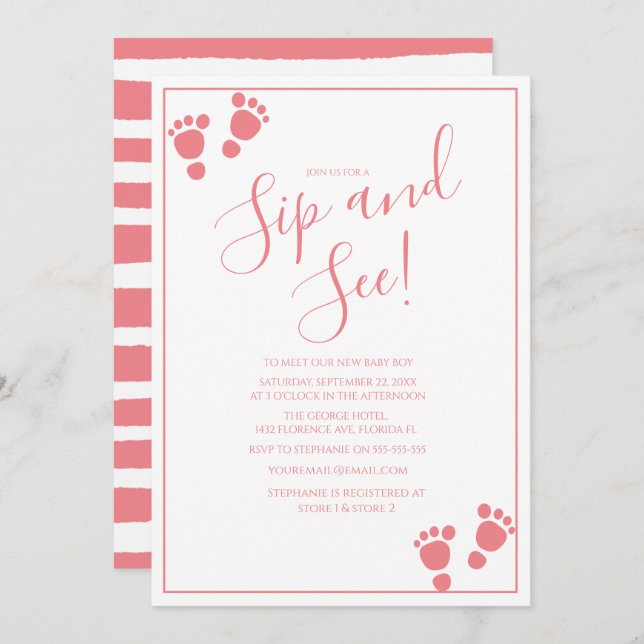 Modern Footprint Sip And See Party Invitation (Front/Back)