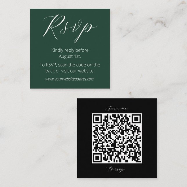 Modern Forest Green and Black QR code RSVP Enclosure Card (Front/Back)